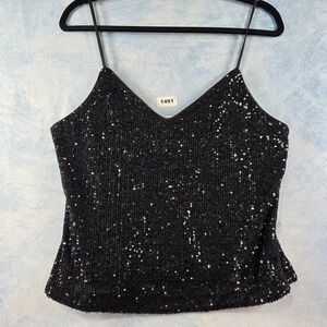 Ramy Brook Black Sequined V-Neck Camisole Tank Top Adjustable Straps Medium